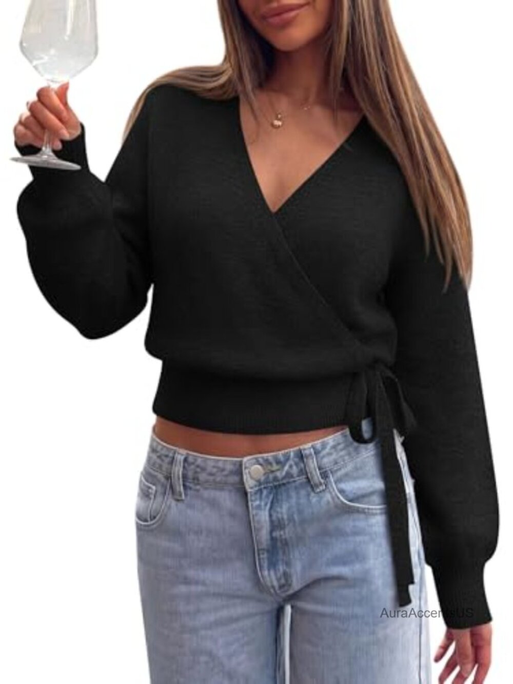 V Neck Wrap Sweater Women Knit Pullover Side Tie